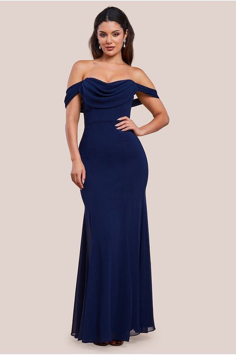 Goddiva Chiffon Bardot Cowl Neck Maxi Dress - Navy