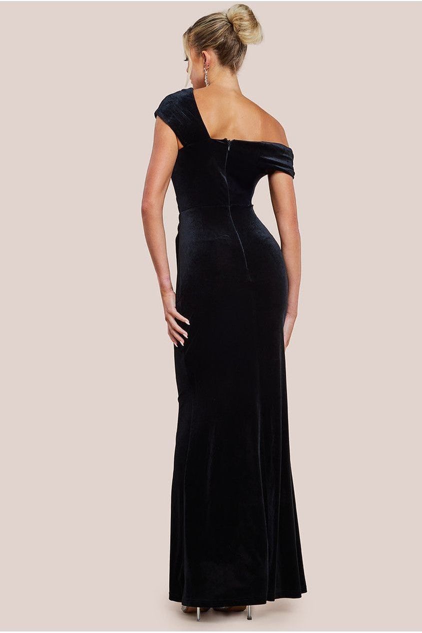 Goddiva One Shoulder Velvet Maxi Dress - Black