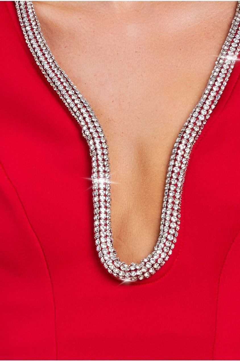 Goddiva Diamante Embellished Neck A-Line Mini Dress - Red