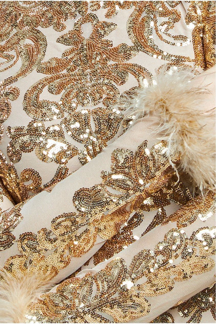 Goddiva Sequin High Neck Feather Cuff Maxi Dress - Gold