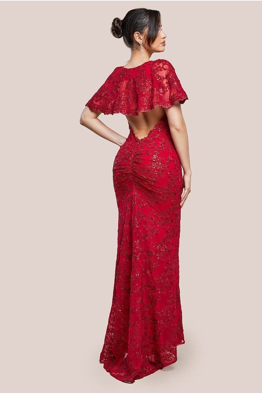Goddiva Scalloped Cape Open Back Lace & Sequin Maxi Dress - Red