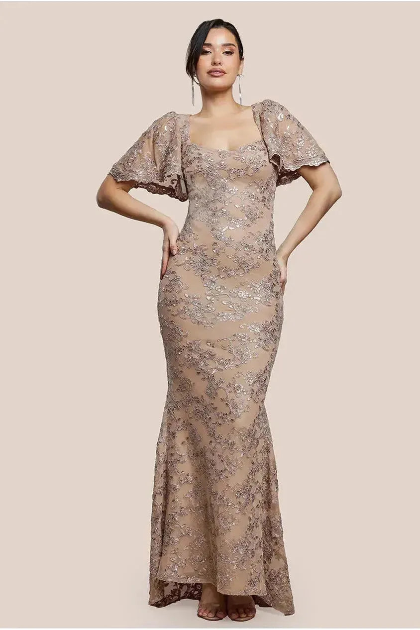 Goddiva Scalloped Cape Open Back Lace & Sequin Maxi Dress - Champagne