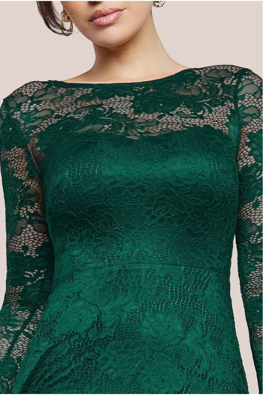 Goddiva Scalloped Lace A-Line Maxi Dress - Emerald Green