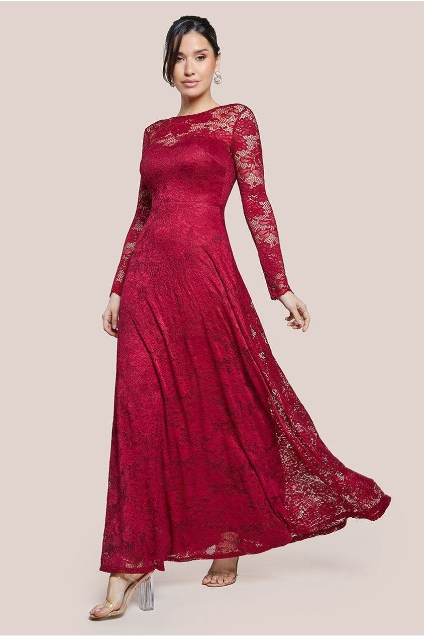 Goddiva Scalloped Lace A-Line Maxi Dress - Wine