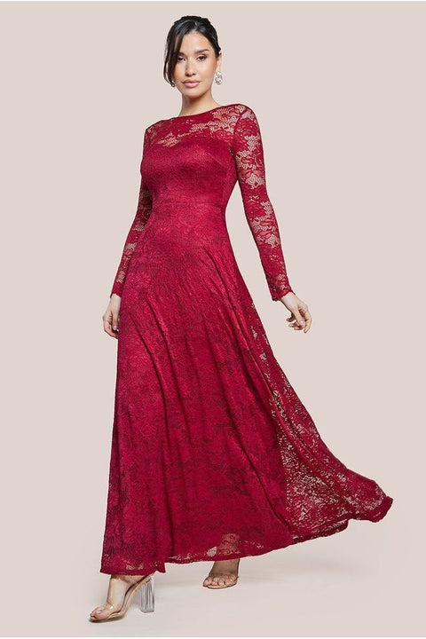 Goddiva Scalloped Lace A-Line Maxi Dress - Wine