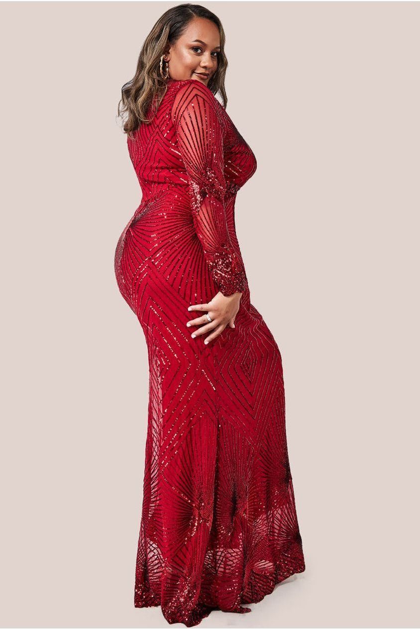 Goddiva Plus Starburst Sequin Maxi Dress - Red