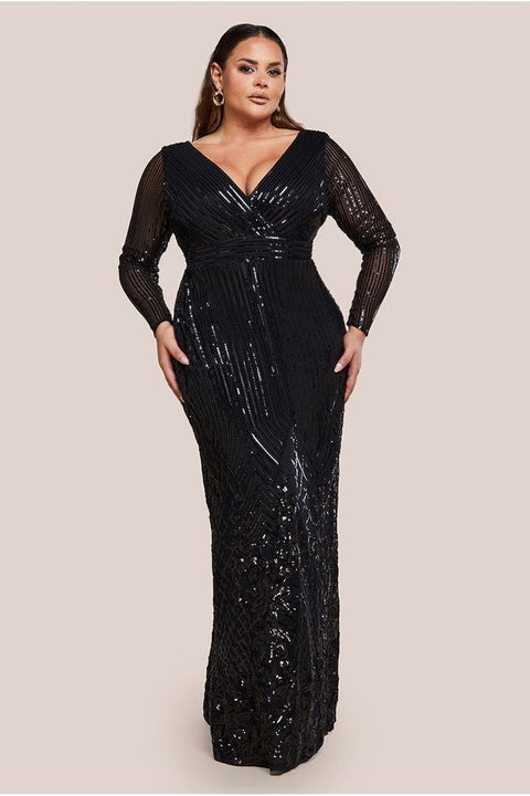 Goddiva Plus Long Sleeve Sequin V Wrap Maxi Dress - Black