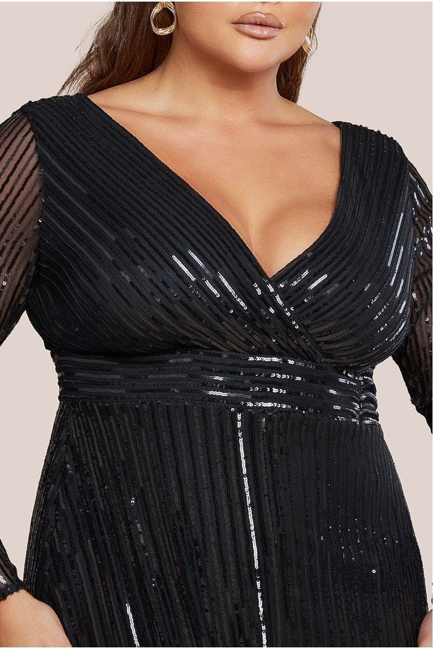 Goddiva Plus Long Sleeve Sequin V Wrap Maxi Dress - Black