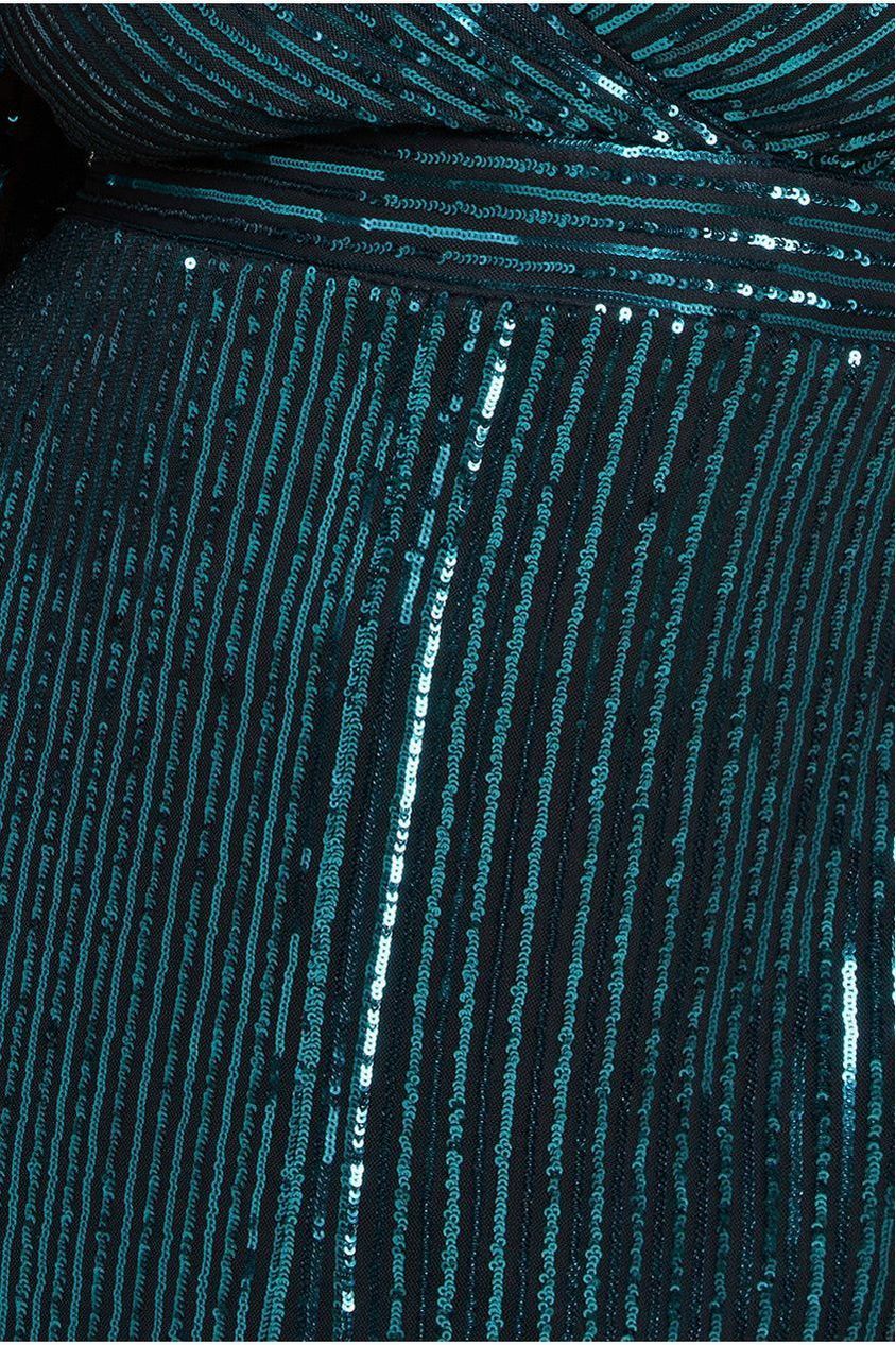 Goddiva Plus Long Sleeve Sequin V Wrap Maxi Dress - Emerald Green