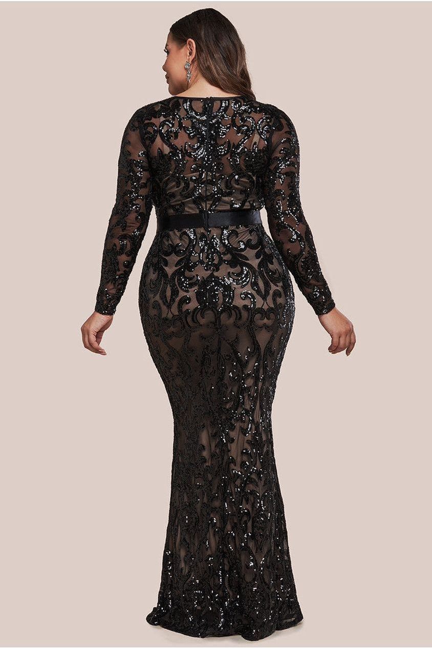 Goddiva Plus Embroidered Sequin & Mesh Maxi Dress - Black