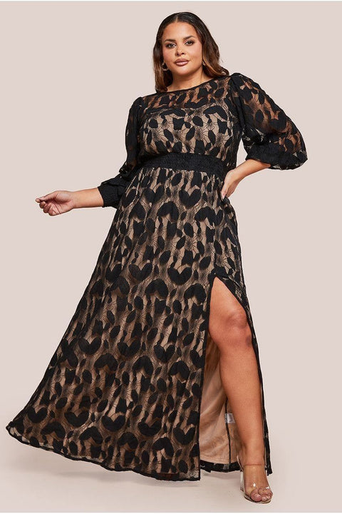 Goddiva Plus Lace Front Split Long Sleeve Maxi Dress - Black