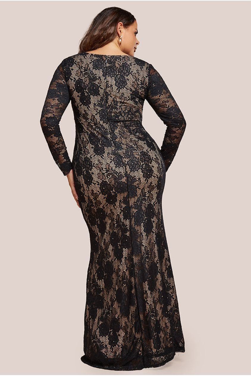 Goddiva Plus Scalloped Lace Corset Bodice Maxi Dress - Black