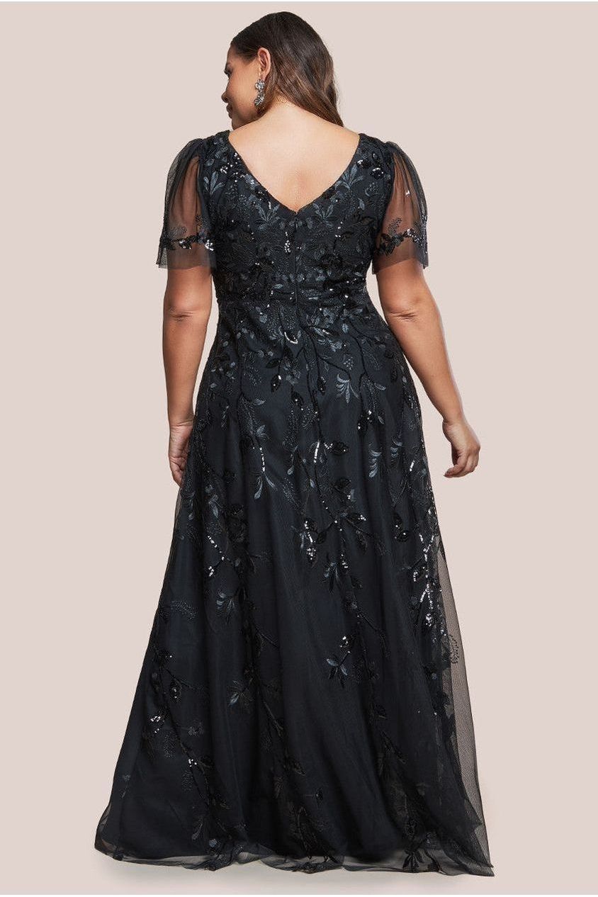 Goddiva Plus Flared Sleeve Embroidered Maxi Dress - Black