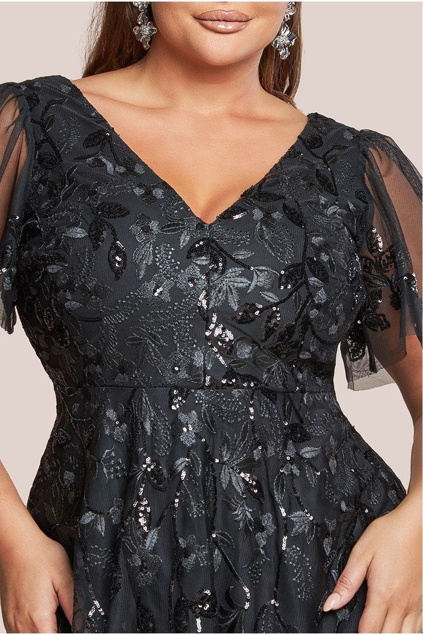 Goddiva Plus Flared Sleeve Embroidered Maxi Dress - Black