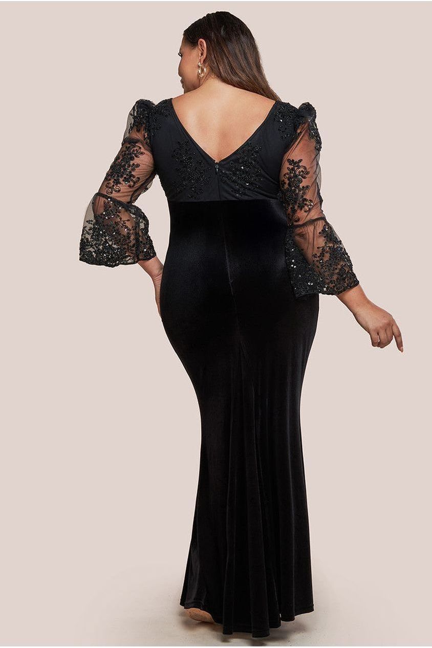 Goddiva Plus Scalloped Lace & Velvet Maxi Dress - Black
