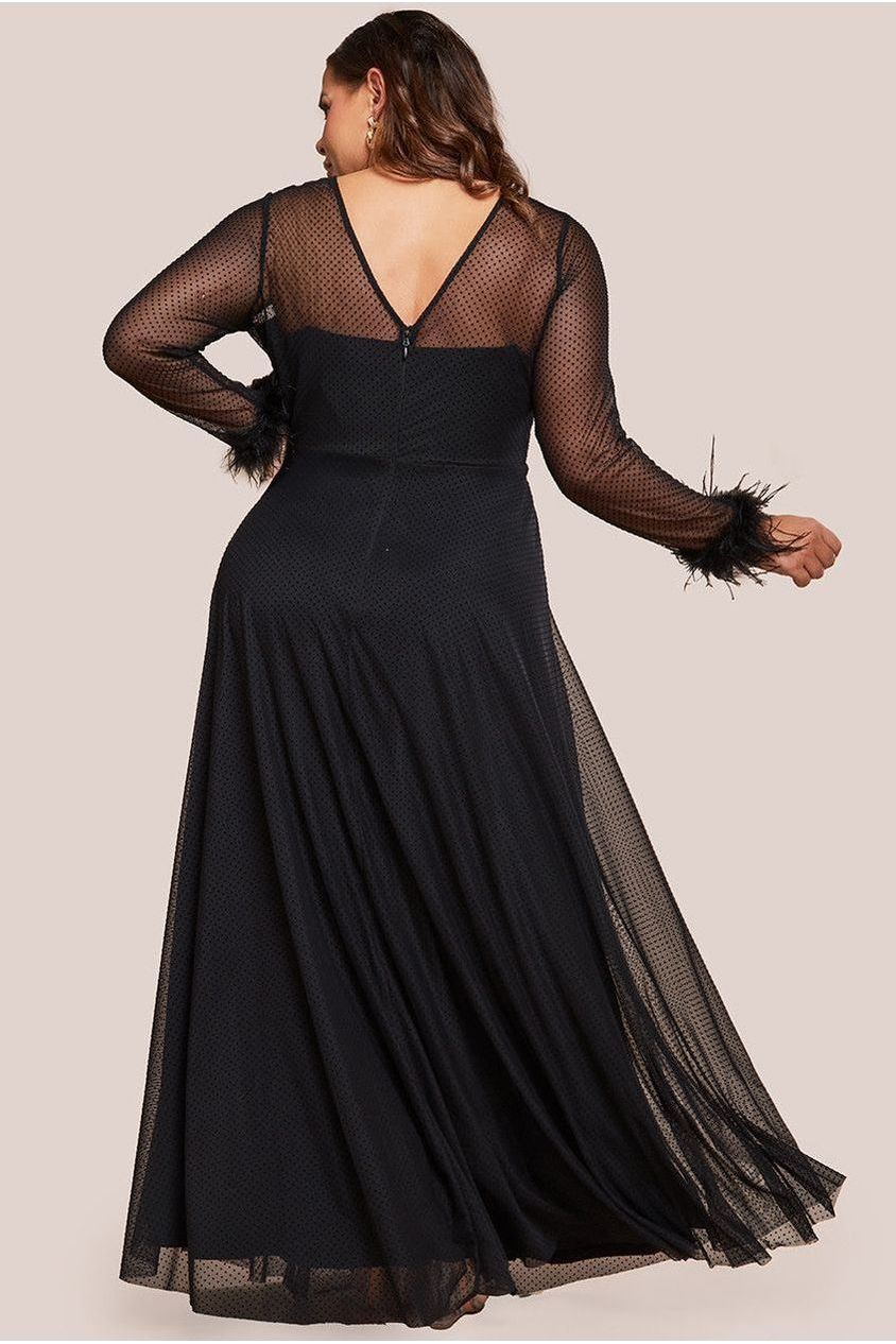 Goddiva Plus Dobby Mesh Feather Sleeve Hem Maxi Dress - Black