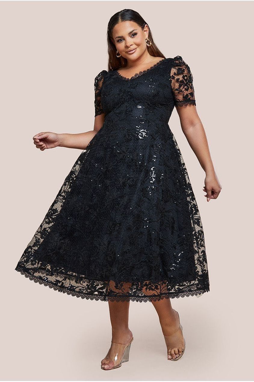 Goddiva Plus Sequin Lace Short Sleeve A-Line Midi Dress - Black