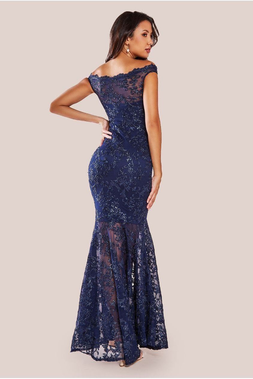 Goddiva Lace Scallop Edge Mermaid Maxi Dress - Navy