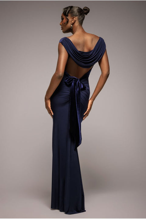 Goddiva Open Back Cowl Neck Gathered Maxi Dress With Velvet Tie Back - Navy Blue