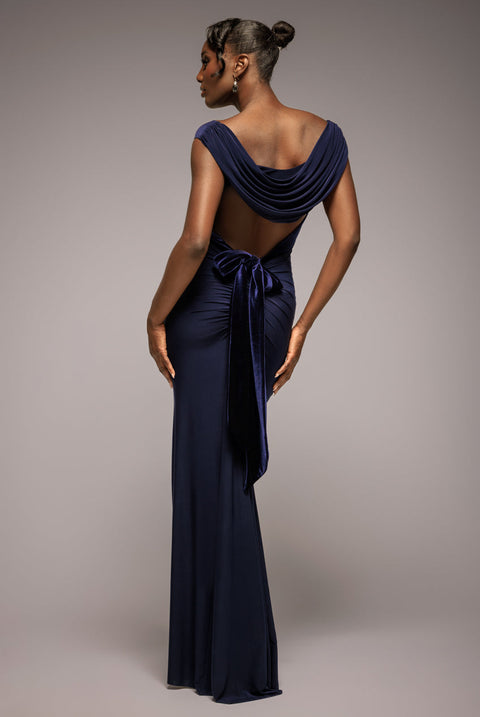 Goddiva Open Back Cowl Neck Gathered Maxi Dress With Velvet Tie Back - Navy Blue
