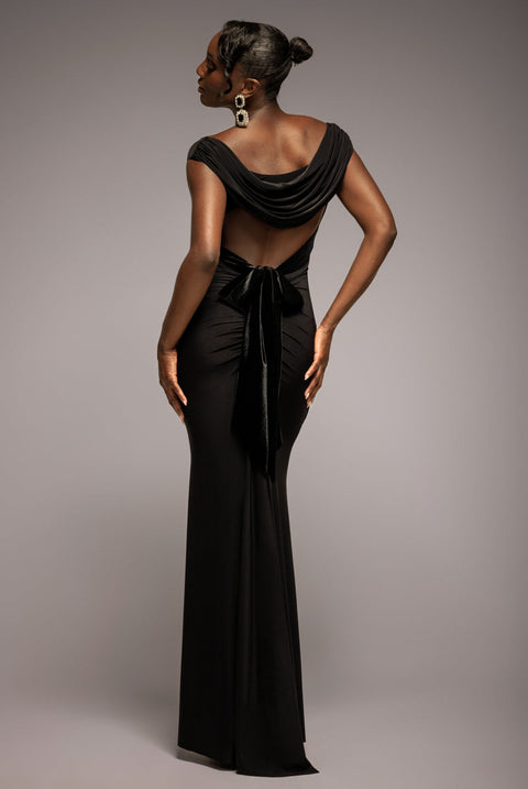Goddiva Open Back Cowl Neck Gathered Maxi Dress With Velvet Tie Back - Black