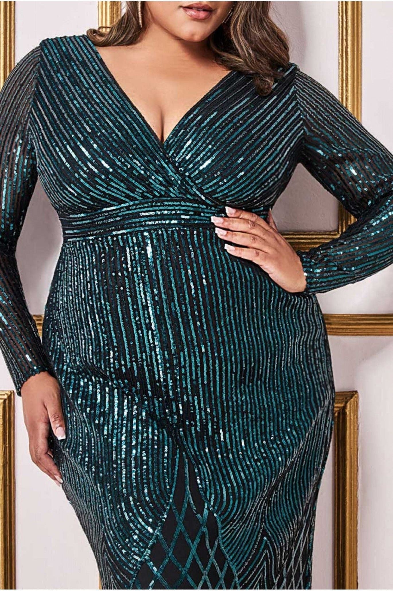 Goddiva Plus Long Sleeve Sequin V Wrap Maxi - Emerald