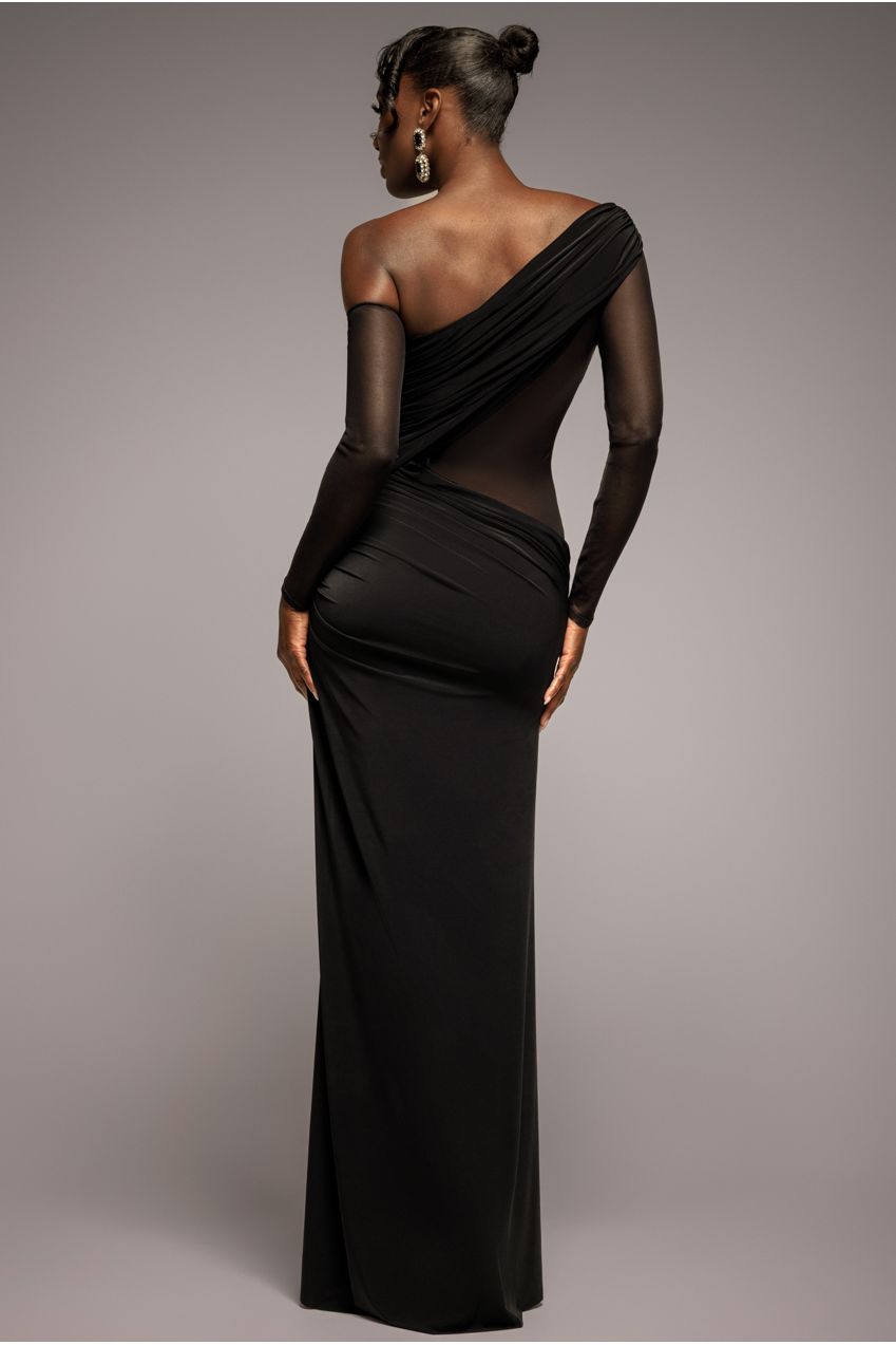 Goddiva Gathered Cowl Asymmetric Mesh And Soft Touch Maxi Dress - Black