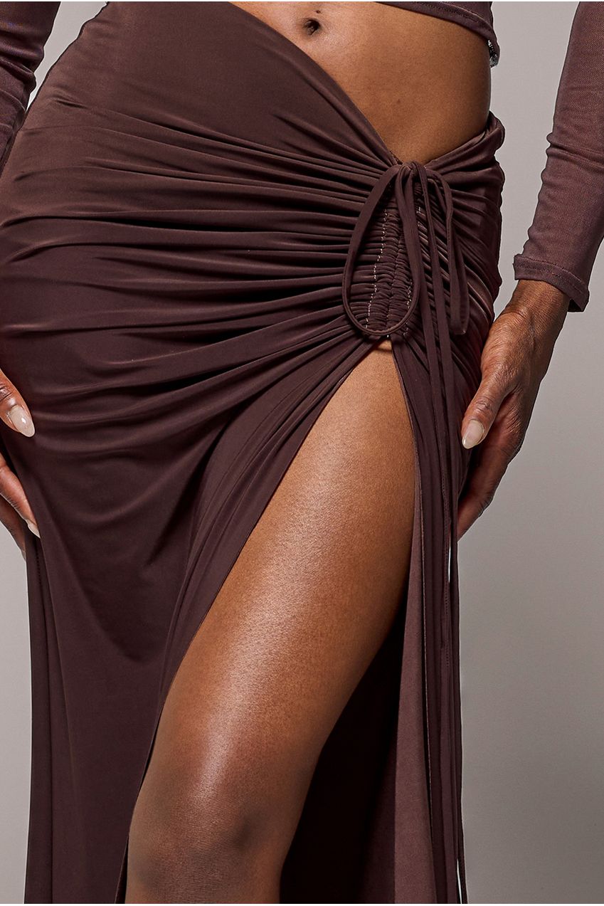 Goddiva Super Split Front Drawstring Maxi Skirt - Brown