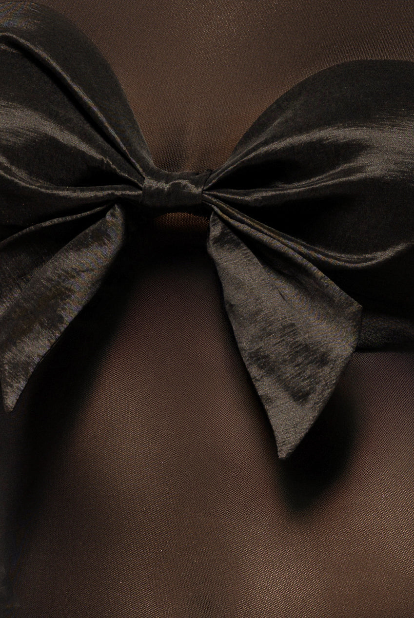 Goddiva Long Sleeve Mesh Sleeveless Taffeta Bow Top - Black