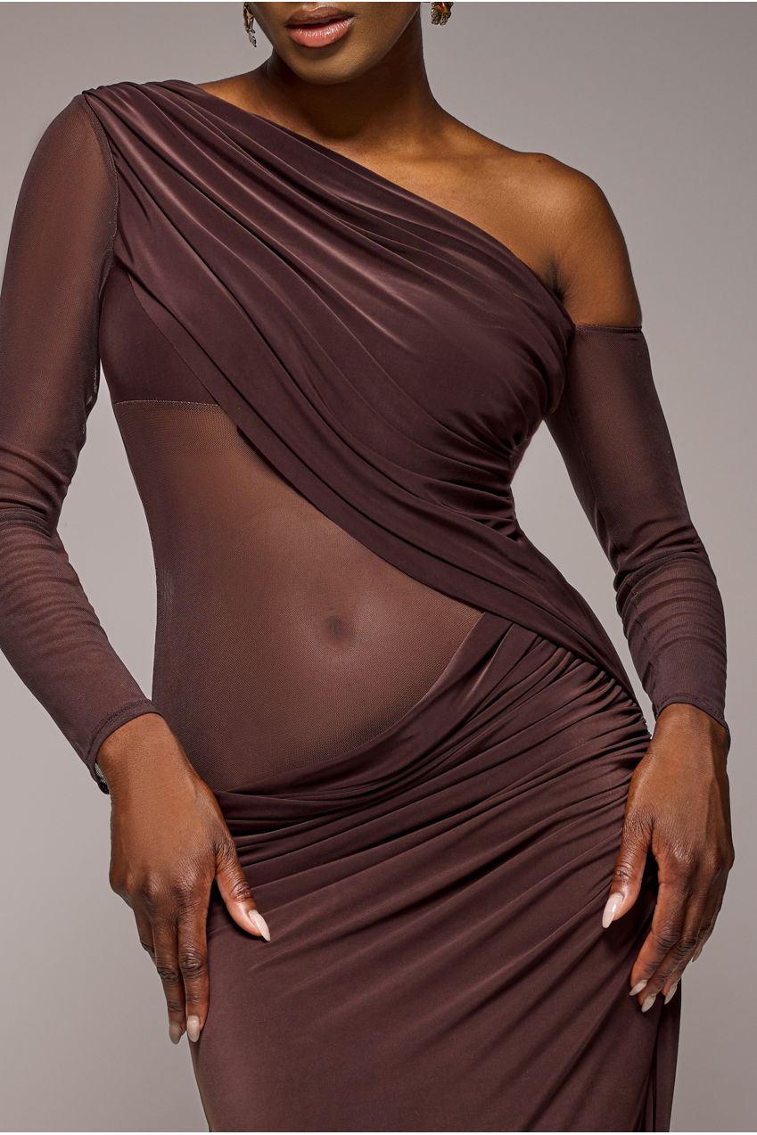 Goddiva Gathered Cowl Asymmetric Mesh And Soft Touch Maxi Dress - Brown