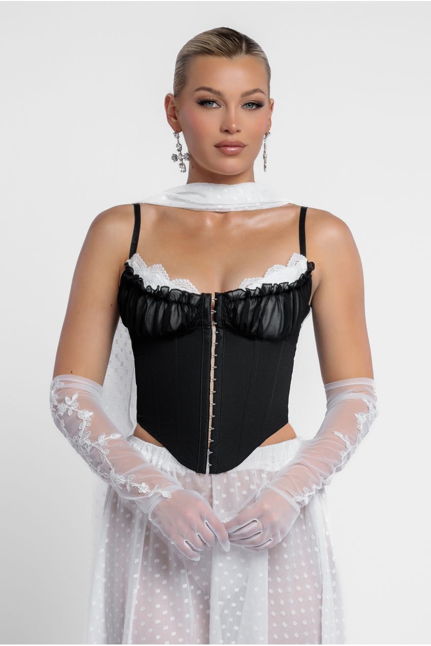 Goddiva Milk Maid Corset Polka Dobby Chiffon A-Line Maxi Skirt With Scarf & Gloves - Black & Cream