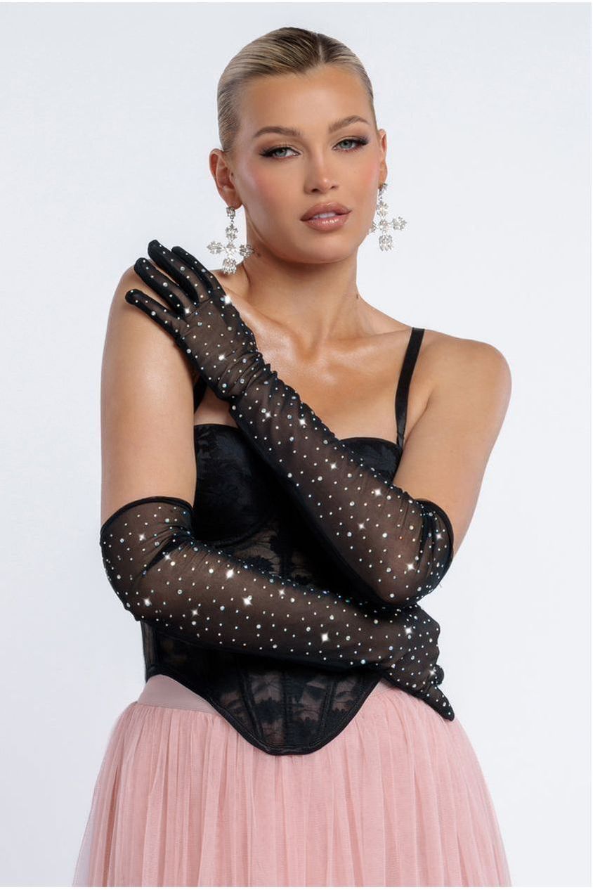 Goddiva Diamante Embellished Mesh Gloves
