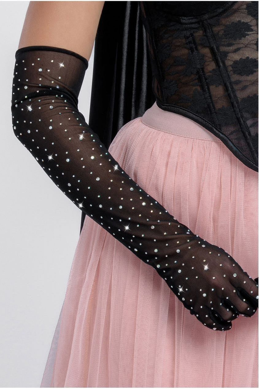Goddiva Diamante Embellished Mesh Gloves