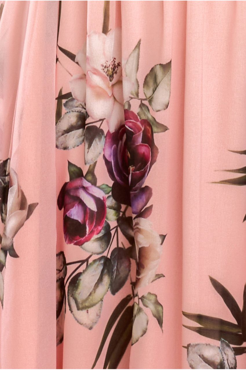 Goddiva Sustainable Printed Flutter Sleeve Maxi Dress - Peach