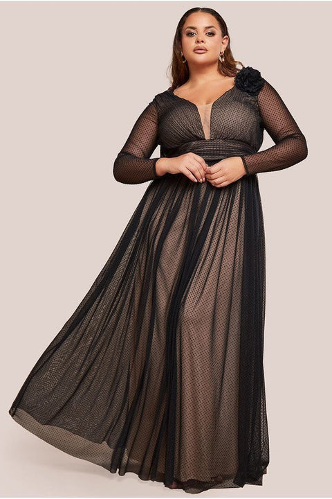 Goddiva Plus Corsage Dobby Mesh A-Line Maxi Dress - Black