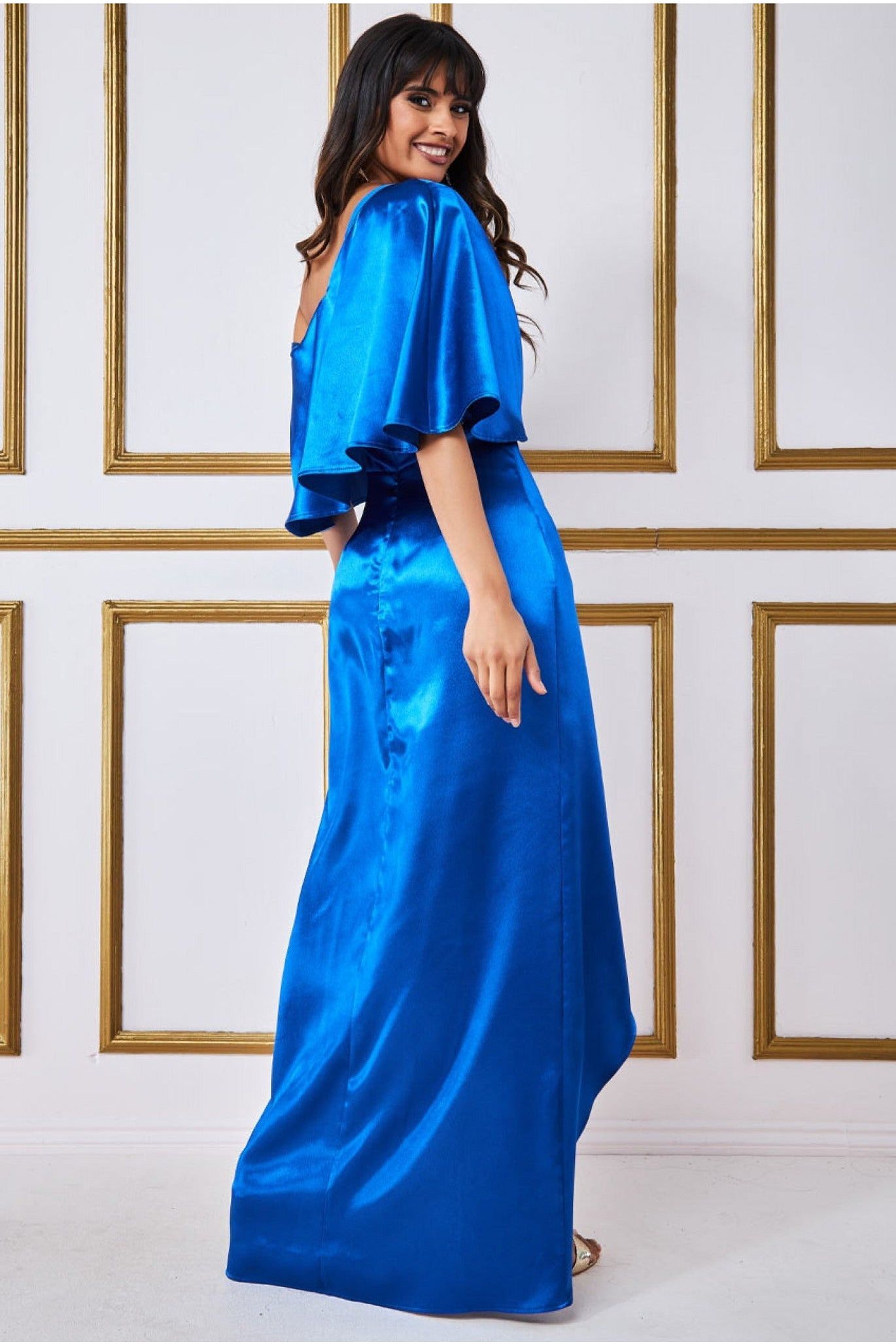 Goddiva Satin Drape Shoulder Wrap Maxi Dress - Royal Blue