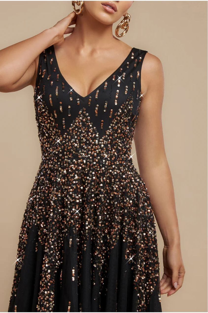 Goddiva Sunray Hand Embellished Sequin A-Line Sleeveless Maxi Dress - Black
