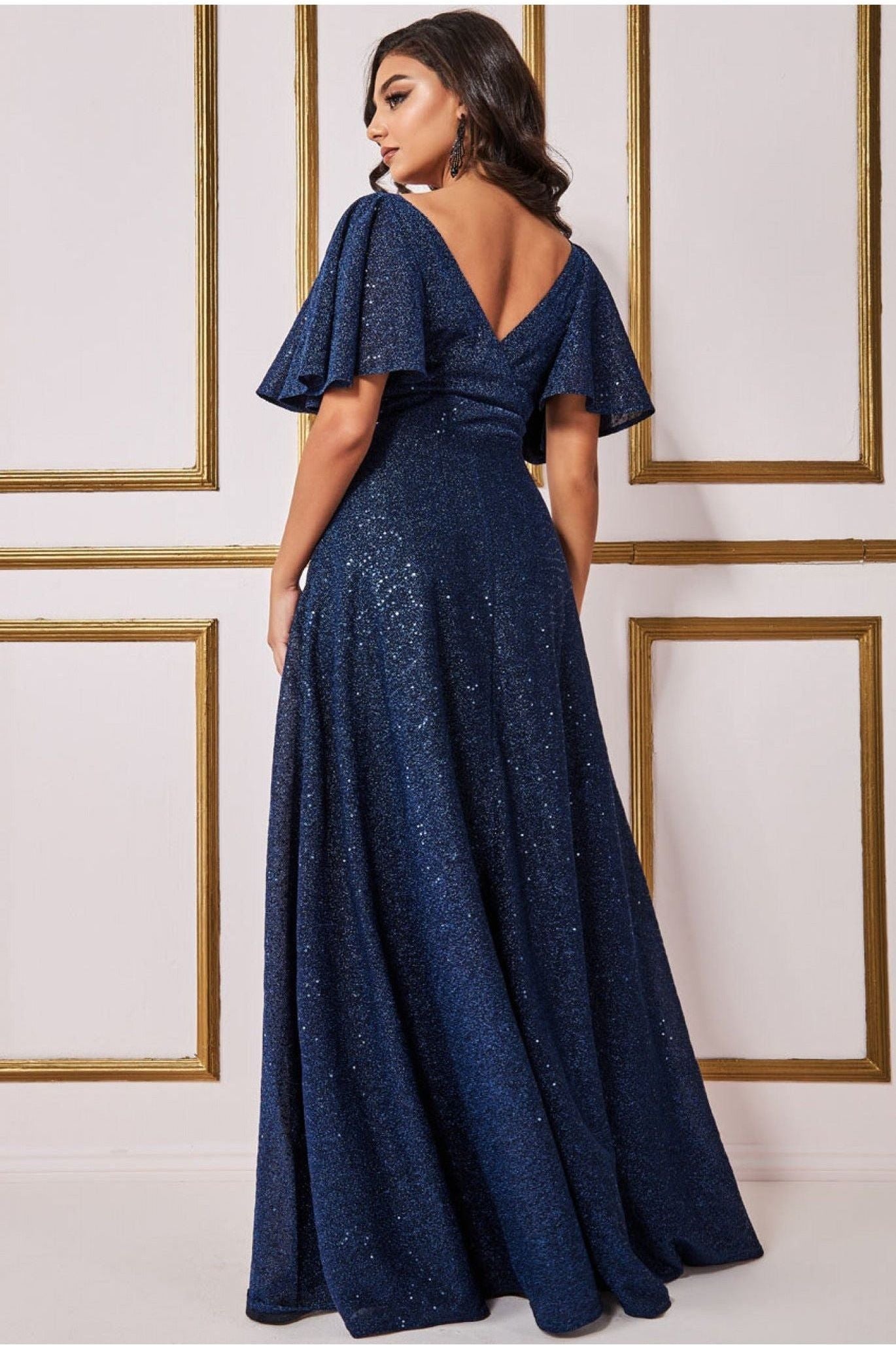 Goddiva Sequin Lurex Flutter Sleeve Maxi Dress - Navy