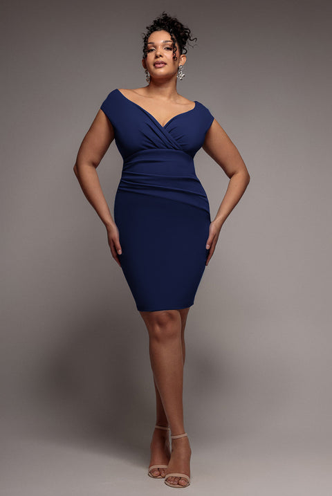 Goddiva Plus Bardot Pleated Midi Dress - Navy Blue
