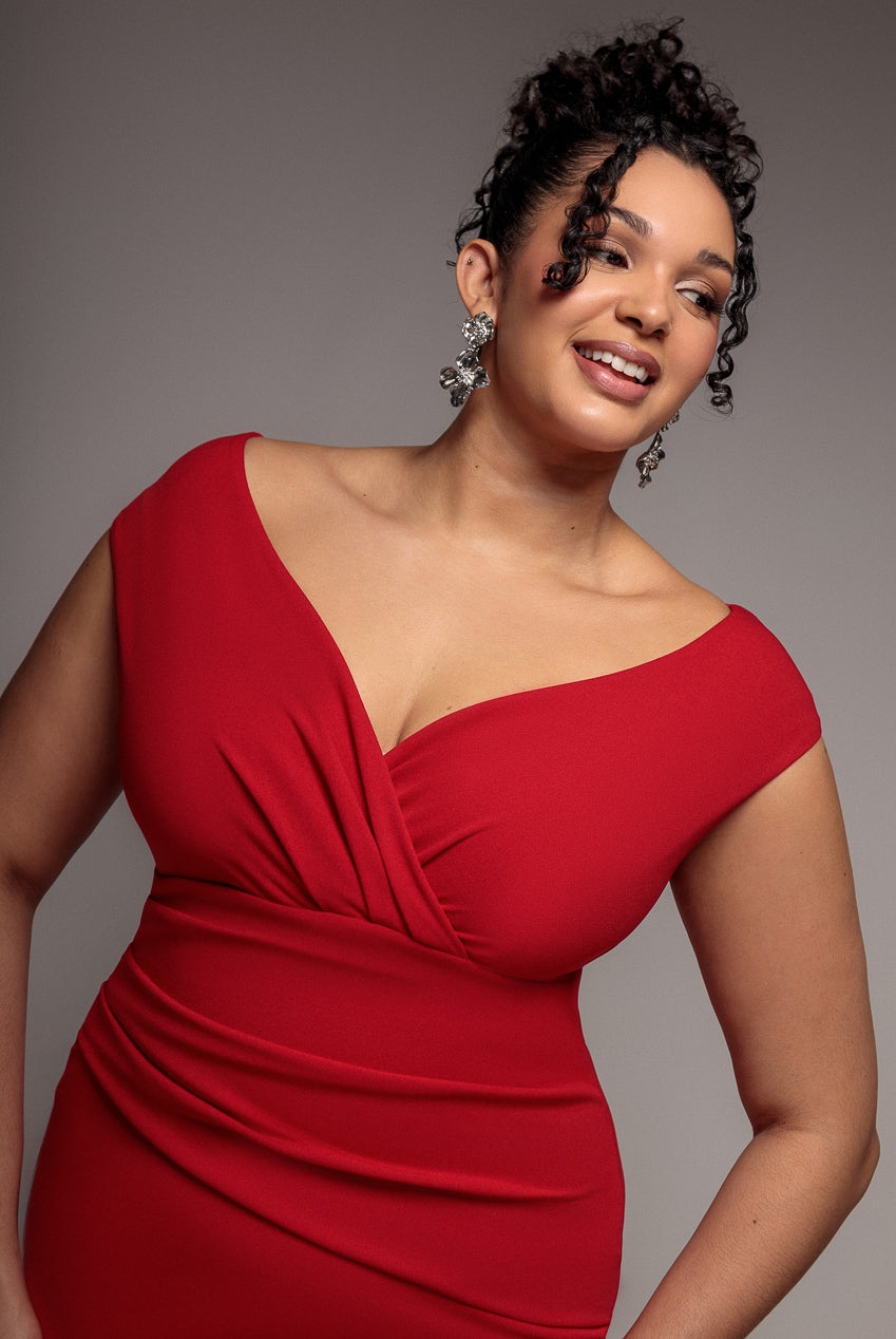 Goddiva Plus Bardot Pleated Midi Dress - Red