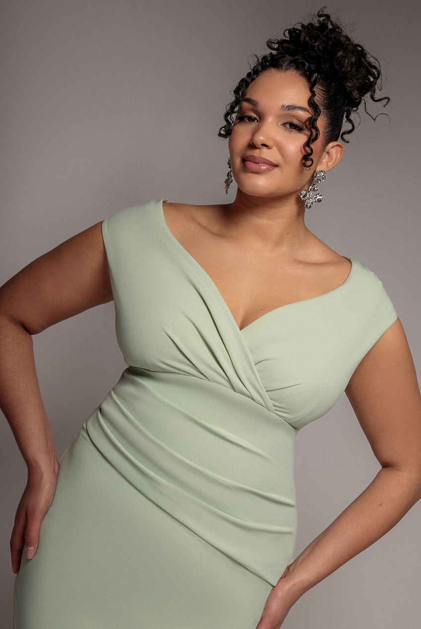 Goddiva Plus Bardot Pleated Midi Dress- Sage Green