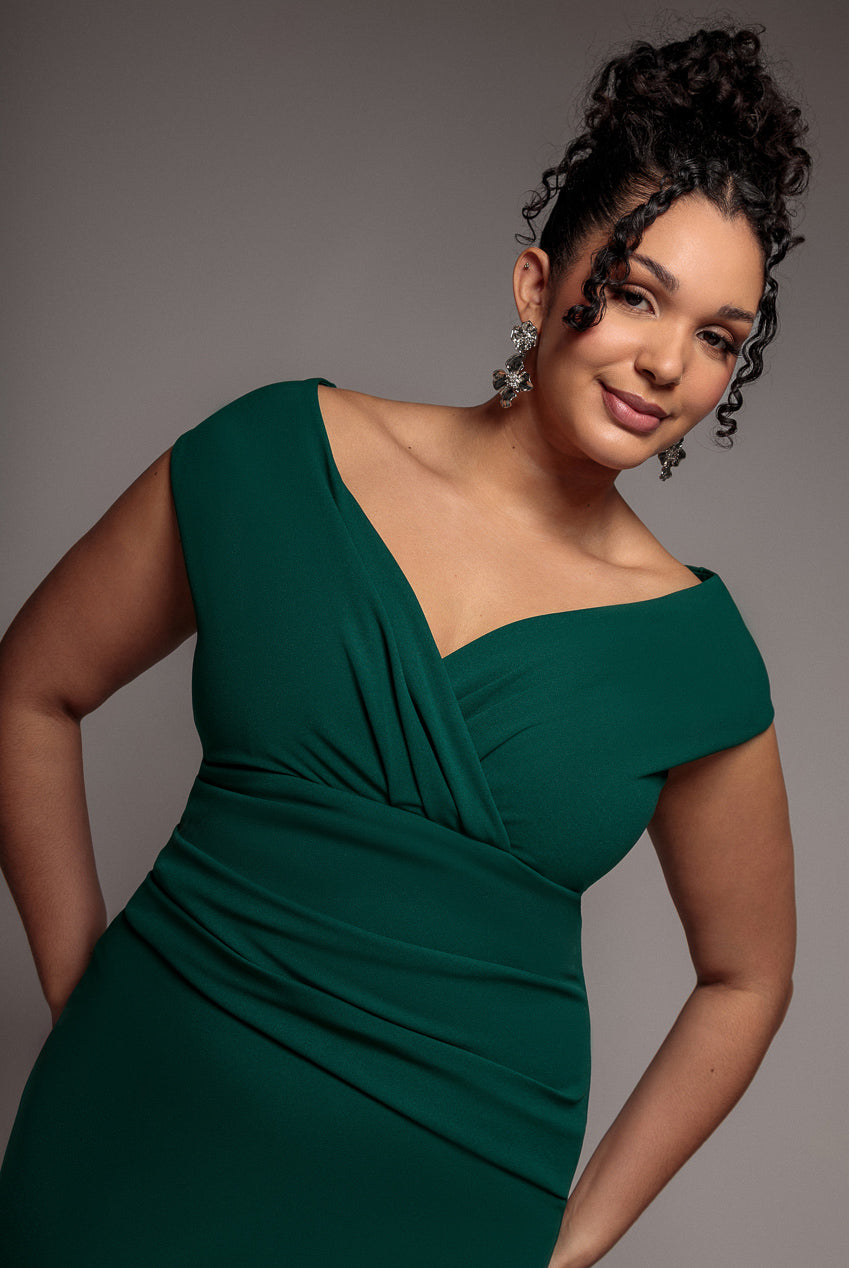 Goddiva Plus Bardot Pleated Maxi Dress - Emerald Green