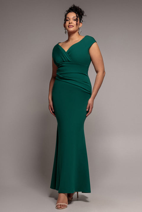 Goddiva Plus Bardot Pleated Maxi Dress - Emerald Green