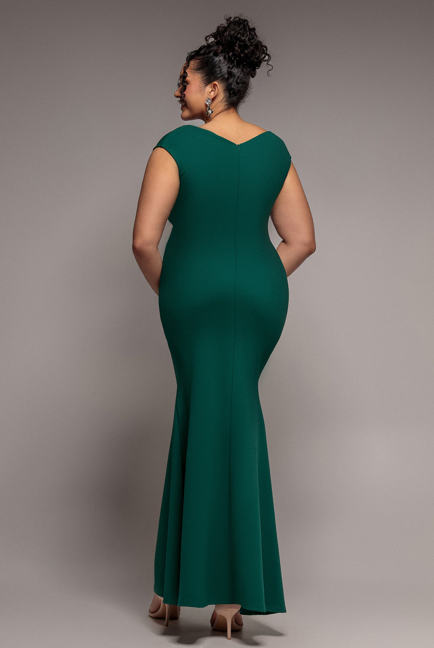 Goddiva Plus Bardot Pleated Maxi Dress - Emerald Green