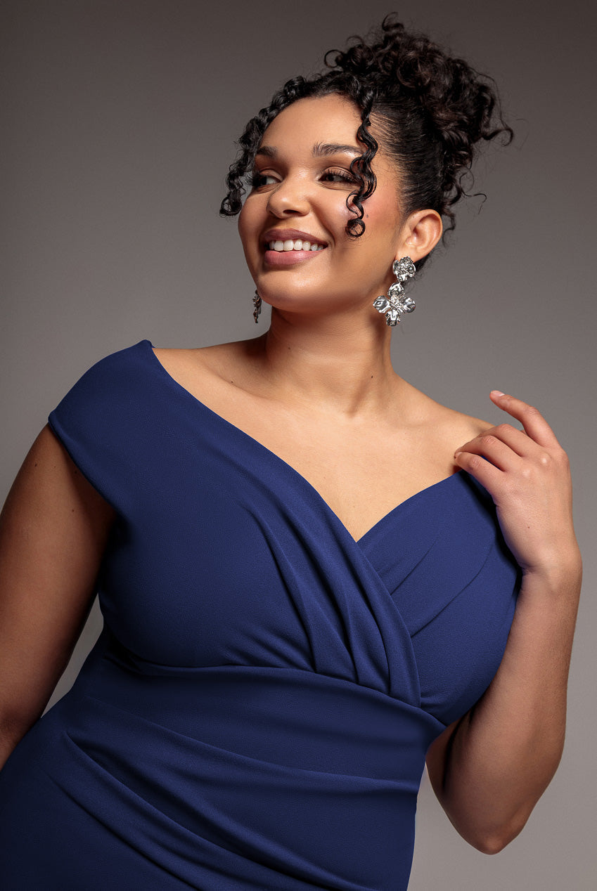 Goddiva Plus Bardot Pleated Maxi Dress - Navy Blue