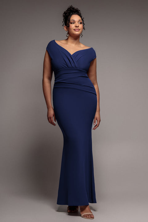 Goddiva Plus Bardot Pleated Maxi Dress - Navy Blue