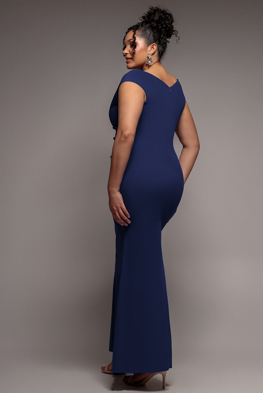 Goddiva Plus Bardot Pleated Maxi Dress - Navy Blue