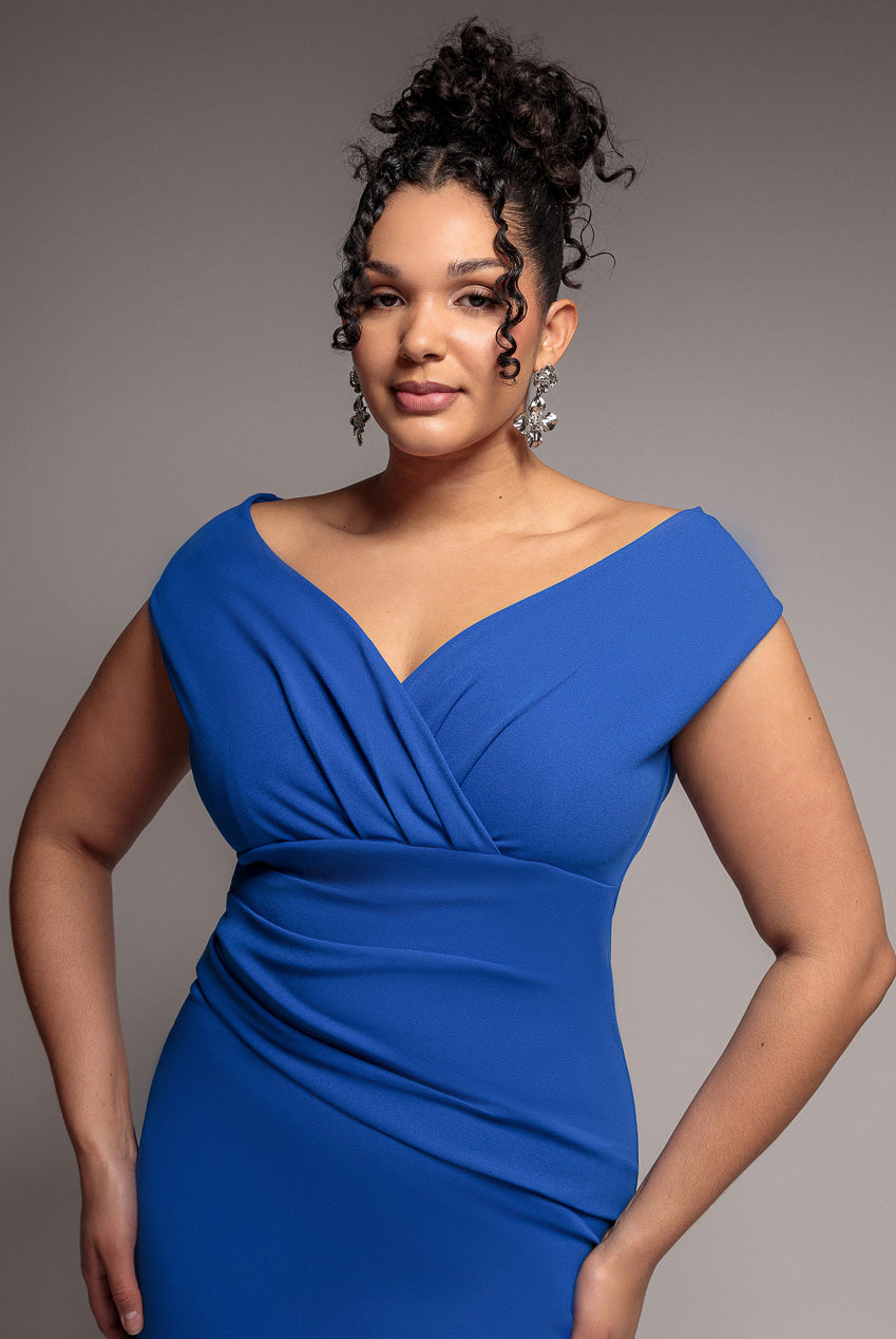 Goddiva Plus Bardot Pleated Maxi Dress - Royalblue