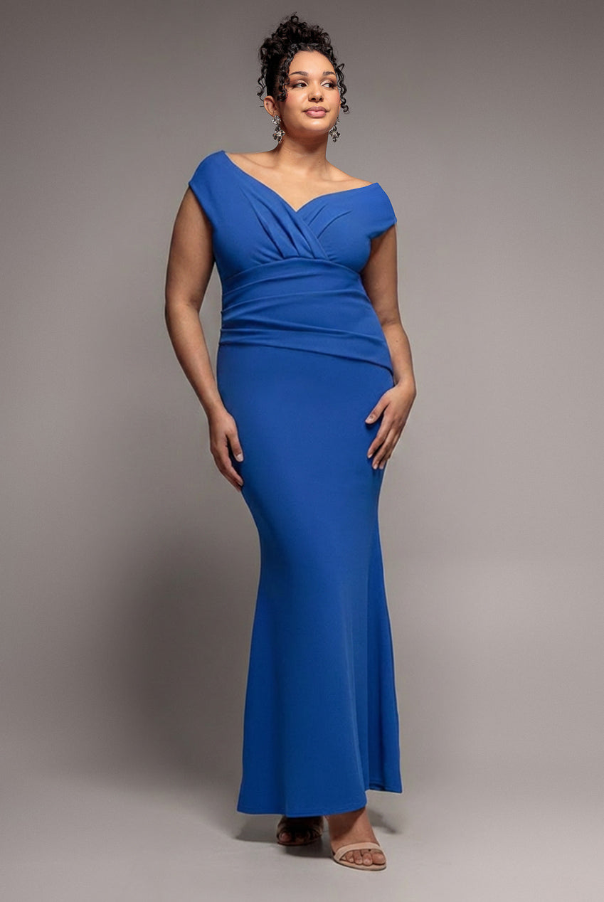 Goddiva Plus Bardot Pleated Maxi Dress - Royal Blue