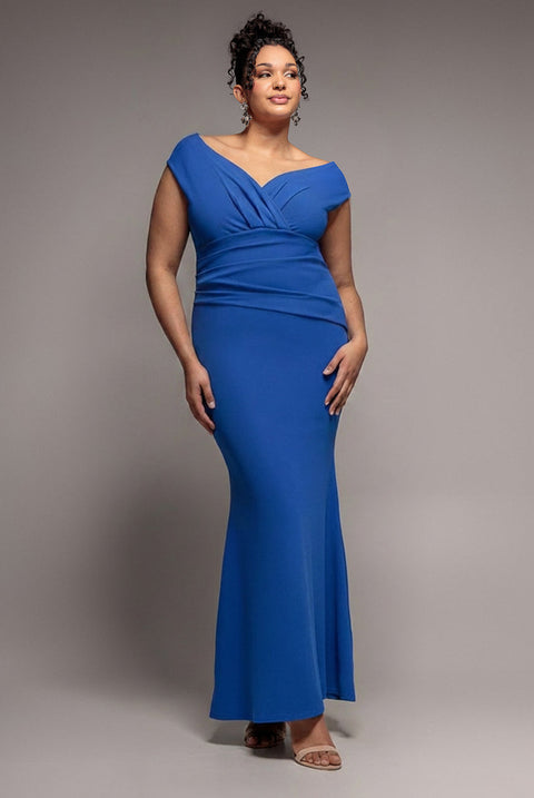 Goddiva Plus Bardot Pleated Maxi Dress - Royal Blue